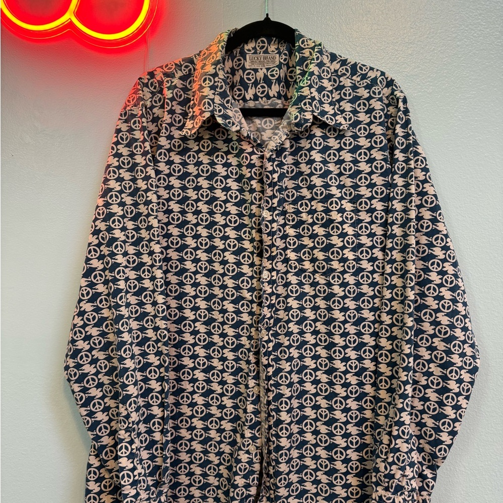 Lucky Brand Navy and White Logo-Print Lightweight Shirt Jacket